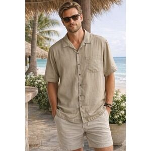 Vintage Tommy Bahama 100% Silk Camp Shirt Men's Large Khaki Button Vacation